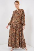 2423 Otantik Desenli Tesettür Elbise - Camel resmi